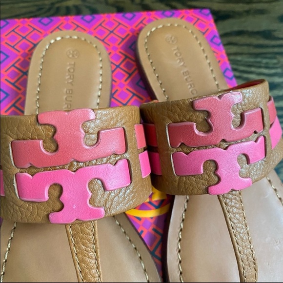 *SOLD* TORY BURCH Leigh Calf Leather Thong Flats Sandals BROWN PINK SIZE 7 NIB - Picture 5 of 7